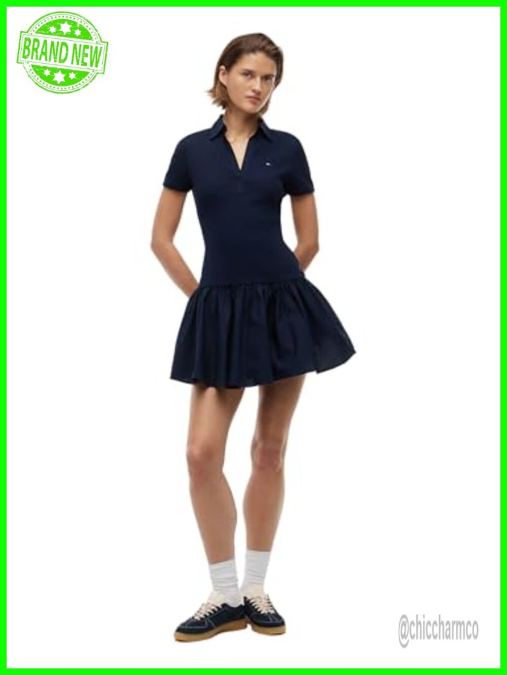 Short Sleeve Ribbed Poplin Polo Dress with Stretch Women's Mini